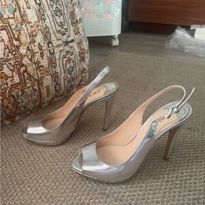 Silver PRADA Peep-Toe Slingback Heels